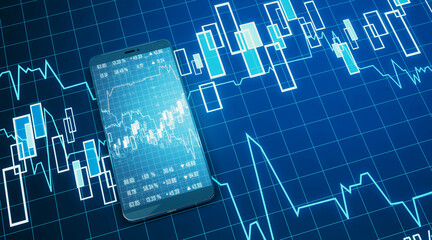Poster - Modern close up image of cellphone with creative forex chart on blue background. Trade, finance, technology and communication concept. 3D Rendering.