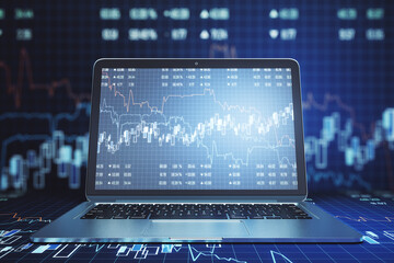 Poster - Close up of book computer with creative forex chart. Trade, finance, technology and communication concept. 3D Rendering.