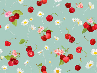 Wall Mural - Watercolor cherry seamless pattern. Summer berries, fruits, leaves, flowers background