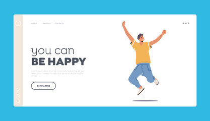 Happy Boy Jump with Raised Arms Landing Page Template. Man Feeling Positive Emotions, Rejoice, Victory or Success