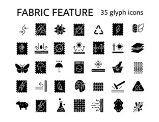 Fabric feature glyph icons set. Fiber type. Different properties of textile. Wear quality. Windproof, fireproof fiber