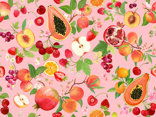 Wall Mural - Watercolor peach, strawberry, black currant, cherry, apple, mandarin, orange seamless pattern