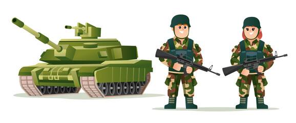 Cute boy and girl army soldiers holding weapon guns with tank cartoon illustration