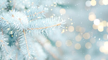Close Up Photo Of Blue Christmas Tree Background Outdoor With Lights Bokeh Around. Christmas Atmosphere