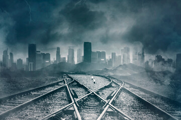 Wall Mural - empty railroads with gloomy cityscape background