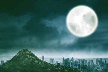 Wall Mural - scary misty city with full moon at midnight