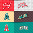 ,Male name,Alex in various Retro graphic design elements, set of vector Retro Typography graphic design illustration