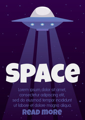 Wall Mural - Space banner template with futuristic UFO ship, flat vector illustration.