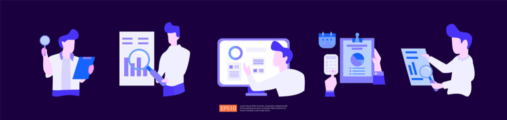 Poster - digital analysis concept for business market research set, marketing strategy, auditing and financial. data visualization with character, charts and statistics for landing page, banner, presentation