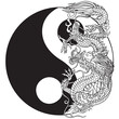Traditional Chinese or East Asian dragon and yin yang symbol of harmony and balance. Feng Shui theme. Black and White Tattoo. Graphic style vector illustration  