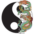 Traditional Chinese or East Asian dragon and yin yang symbol of harmony and balance. Feng Shui theme. Tattoo. Graphic style vector illustration  