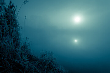 Wall Mural - Night mystical scenery. Full moon over the foggy river and its reflection in the still water, frosty reeds on the bank on the foreground.