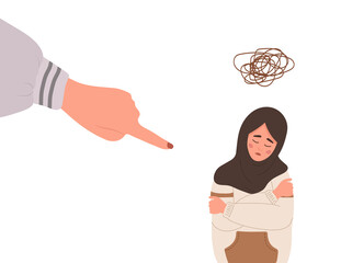 Social bullying. Finger pointing on sad arab girl. Depressed teenager in hijab sitting on floor and crying. Violence in school. Vector illustration in flat cartoon style.