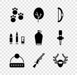 Sticker - Set Paw print, Tree, Bow, Winter hat, Shotgun, Deer antlers on shield, Bullet and cartridge and Canteen water bottle icon. Vector