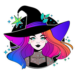 Wall Mural - cute young witch with beautiful iridescent hair