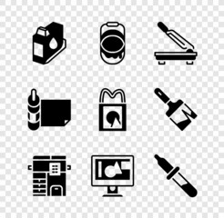 Wall Mural - Set Printer ink cartridge, Paint bucket, Paper cutter, Copy machine, Computer monitor screen, Pipette, Roll of paper and shopping bag icon. Vector