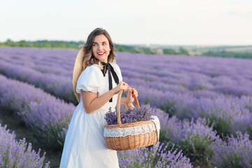 Sticker - Beautiful young woman with basket in lavender field