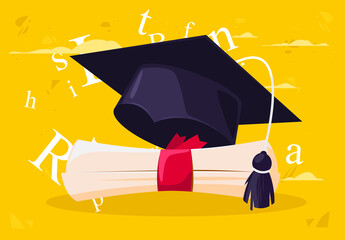 Vector illustration paper parcel about graduation from college with a red ribbon with a classic cap of an academic student with silhouettes of letters in the background
