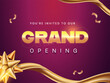 Grand Opening Invitation Card With Golden Flower Ribbon On Purple Background.