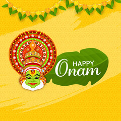 Poster - Happy Onam Celebration Concept With Kathakali Dancer Face And Traditional Toran On Yellow Floral Pattern Background.