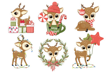 Wall Mural - A set of cute reindeer for the New Year and for Christmas. Vector illustration of a cartoon.