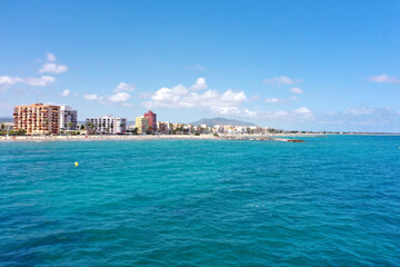 Sticker - Beautiful view of Costa del Azahar coast with coastline buildings in Torrenostra, Spain