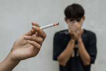 Woman Smoking Cigarette Near People In Public,smelling Pollution,passive Smoking Concept