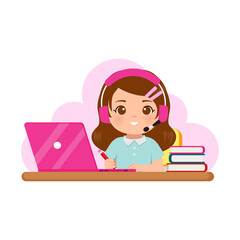 Wall Mural - Cute girl wearing headphones learning at home with her laptop. Back to school concept