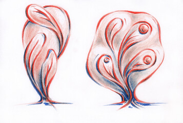 Stylized two trees in red and blue colors