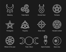 Wiccan And Pagan Symbols Pentagram, Triple Moon, Horned God, Triskelion, Solar Cross, Spiral, Wheel Of The Year. Vector Stock Clipart