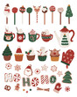Set of Christmas sweet desserts, cupcake, cake pop snowman, reindeer, for fabric, linen, textiles and wallpaper