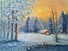 Original Oil Painting The Winter Cottage In The Forest