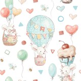 Seamless pattern cute cartoon animals fly in a hot air balloon
