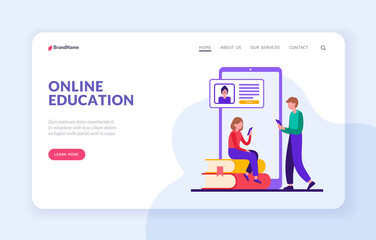 Poster - Getting online education. Remote learning using digital app and gadgets. Access to university and school web library with webinars. Certified electronic diploma. Vector landing page flat banner