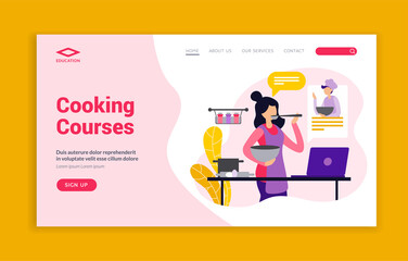 Poster - Online cooking courses. Food education webinars with expert advice. Correct selection ingredients for delicious and beautiful table setting. Gourmet videos and websites. Vector home page flat banner