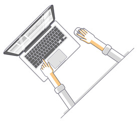 Fototapete - Office worker or entrepreneur businessman working on a PC computer notebook, top view of workspace desk with human hands, overhead look. Vector illustration.
