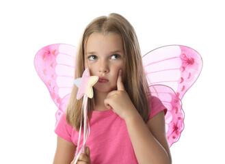 Poster - Cute little girl in fairy costume with pink wings and magic wand on white background