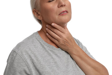 Wall Mural - Mature woman doing thyroid self examination on white background, closeup