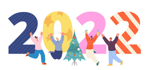 Sticker - New year 2022 celebrating. People celebrate, happy friends and giant numbers. Christmas holiday characters, office corporate party utter vector banner