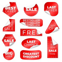 Poster - red curled sale stickers. discount labels with curl edge, low pricing tags. isolated store badges, c