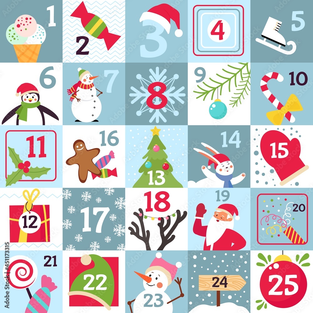 advent calendar. printable christmas gift, countdown day numbers
