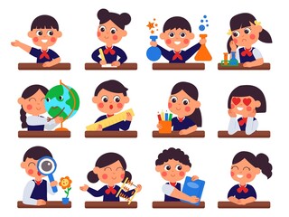 Wall Mural - Students sitting at desks. Student study, kids writing or prepare to school. Cute cartoon preschool children, boy girl learning decent vector set