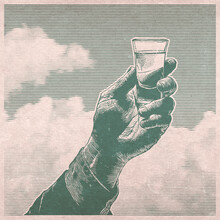 Male Hand Holding A Shot Of Alcohol Drink And Clouds, Retro Engraving Style. Vintage Design Element. Raster Illustration 	