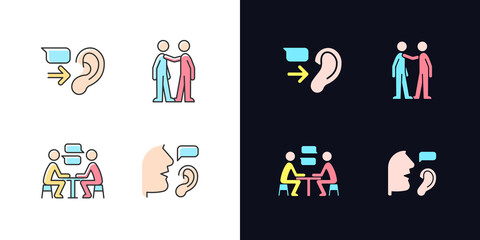 Poster - Verbal and nonverbal communication light and dark theme RGB color icons set. Message receiver. Personal touch. Isolated vector illustrations on white and black space. Simple filled line drawings pack