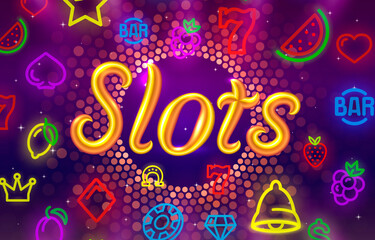 Wall Mural - Slots neon icons, casino slot sign machine, night Vegas. Vector