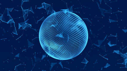 Poster - Abstract 3d sphere. Mesh with points and lines on dark background. Concept of network, internet communication. 3D