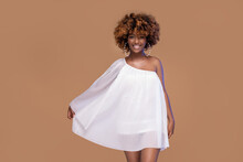 Elegant Beautiful African American Woman Posing In White Fashionable Dress