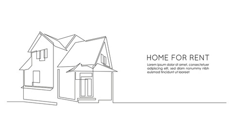 Poster - One continuous line drawing of family two story house at village. Modern concept of Home architecture in minimalistic linear style for web banner. Doodle Vector illustration