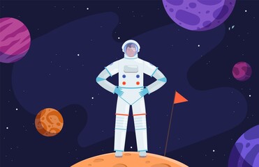Wall Mural - astronaut in space. red planet colonization, cartoon cosmonaut in universe vector illustration