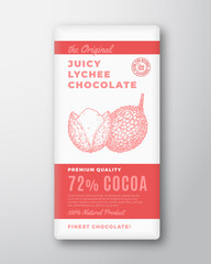 Wall Mural - The Original Finest Chocolate Abstract Vector Packaging Design Label. Modern Typography and Hand Drawn Lychee Fruit Sketch Silhouette Background Layout. Isolated